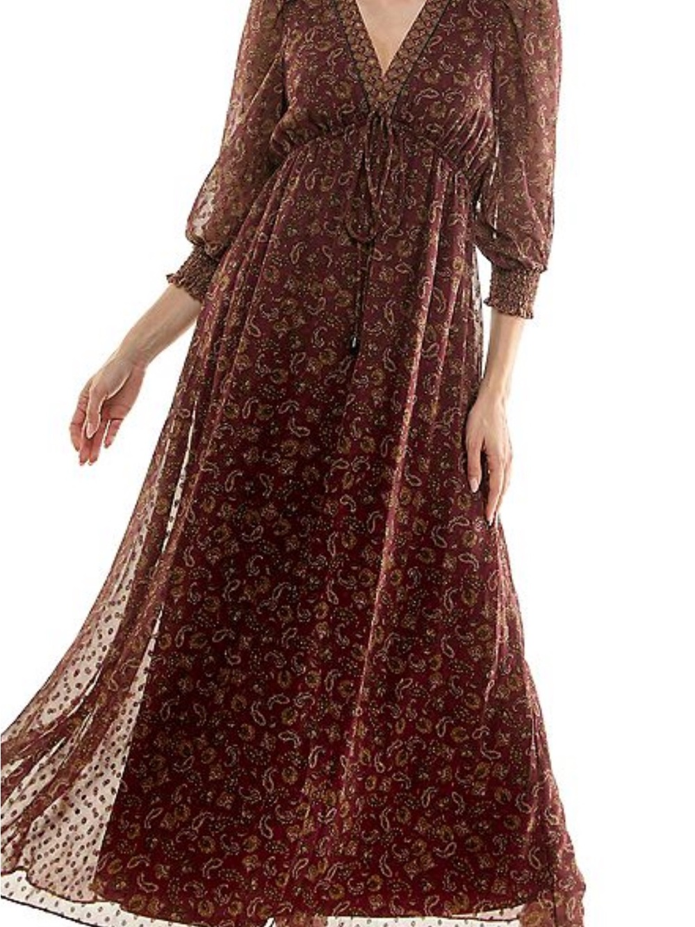 Maison Tara nwt Boho V-Neck Burgundy Paisley Maxi Dress